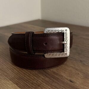 Vintage Ann Taylor Western Leather Belt Engraved Buckle Brown Womens Medium